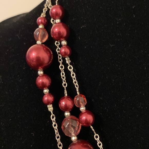 White House Black Market Maroon and Metallic Glass Beaded Triple Strand Necklace - Picture 4 of 9